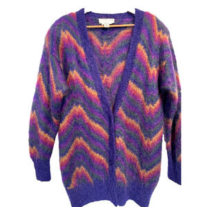 Vintage Mohair Rainbow Cardigan Colorful Sweater Fuzzy Michelle Stuart Medium